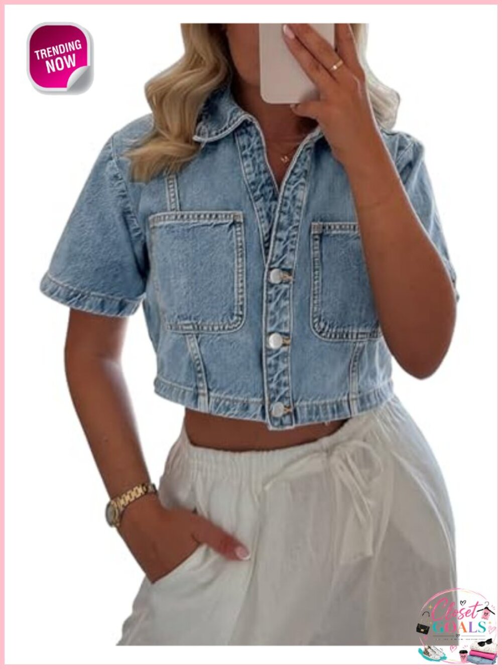 Short Sleeve Cropped Denim Jacket Button Down V-Neck Jean Shirt